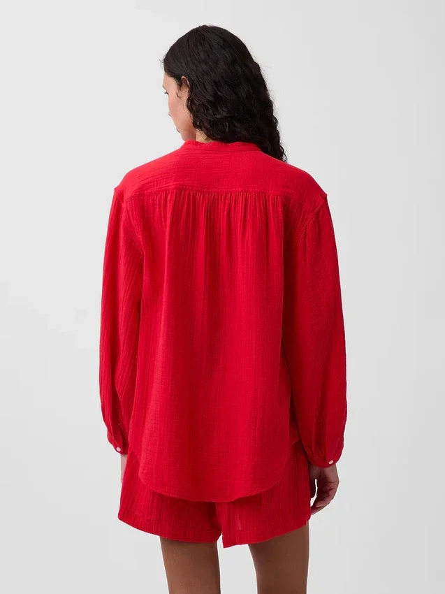 Oversized-Hemd aus Baumwollgaze ohne Kragen
