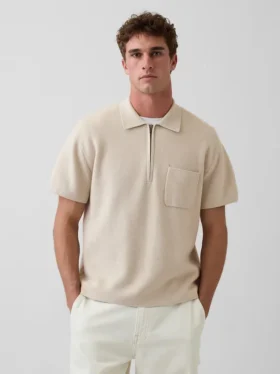Oversized-Poloshirt-Pullover mit Viertelreißverschluss und Tasche