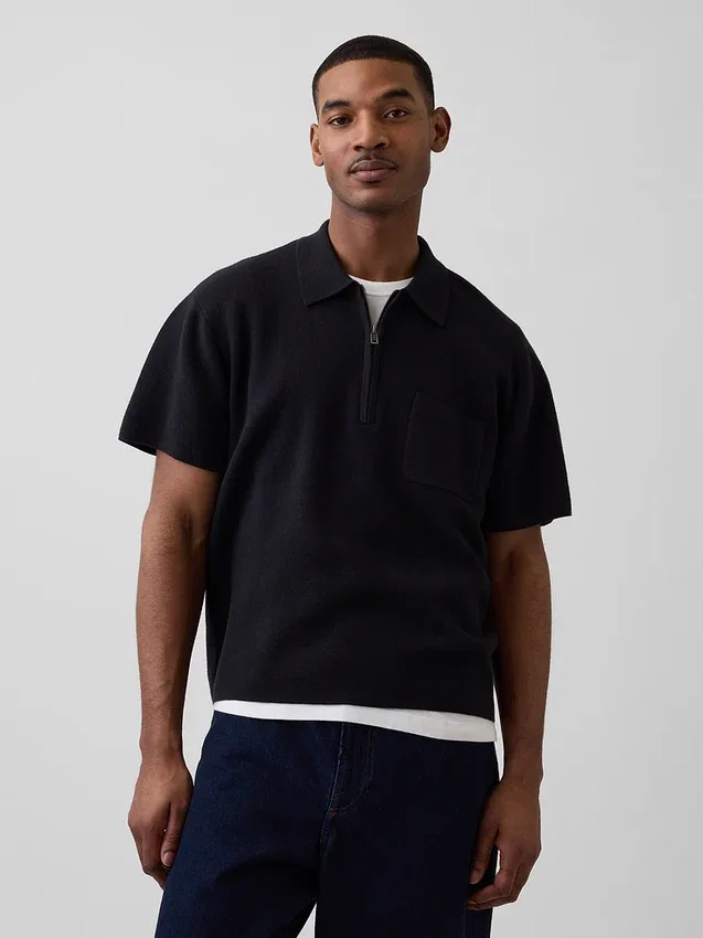 Oversized-Poloshirt-Pullover mit Viertelreißverschluss und Tasche