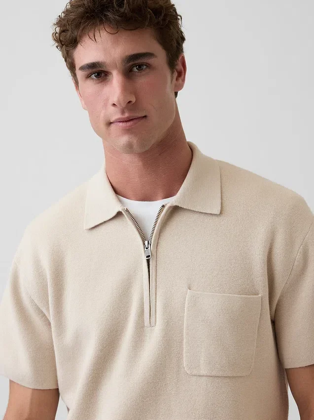 Oversized-Poloshirt-Pullover mit Viertelreißverschluss und Tasche
