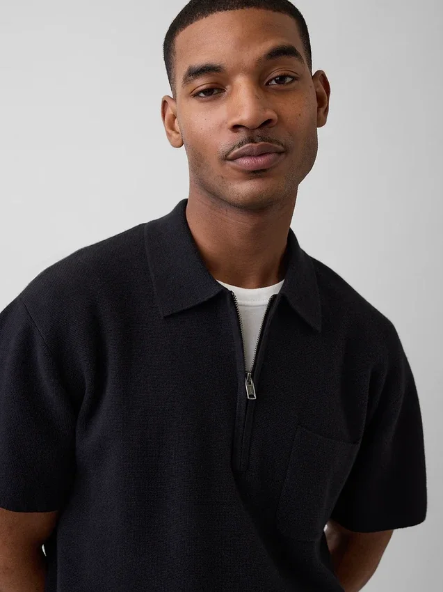 Oversized-Poloshirt-Pullover mit Viertelreißverschluss und Tasche