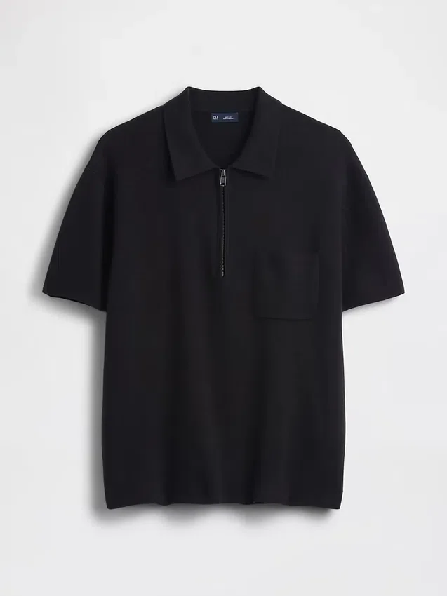 Oversized-Poloshirt-Pullover mit Viertelreißverschluss und Tasche