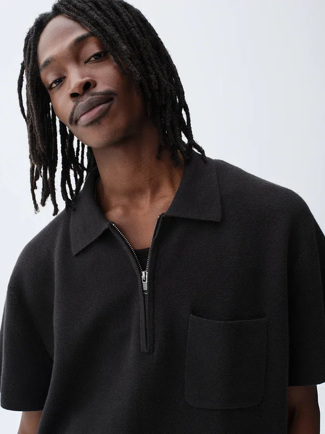 Oversized-Poloshirt-Pullover mit Viertelreißverschluss und Tasche