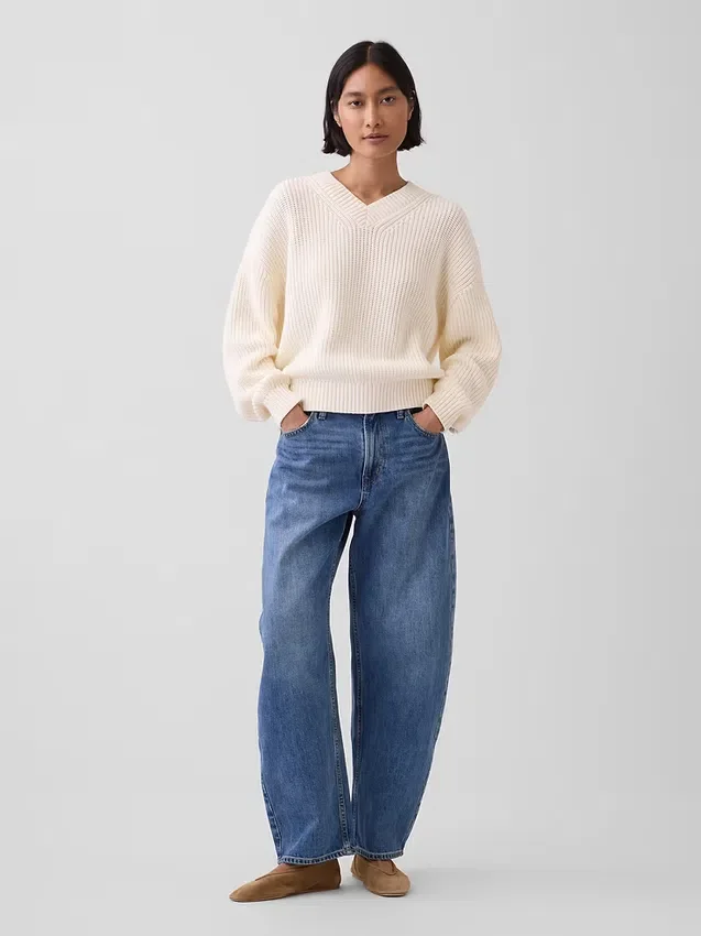 Oversized-Pullover aus 100 % Baumwolle mit Shaker-Strick und V-Ausschnitt