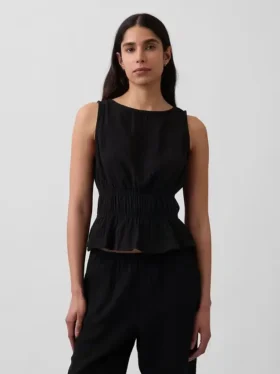 Peplum-Oberteil aus Baumwollgaze mit geraffter Taille