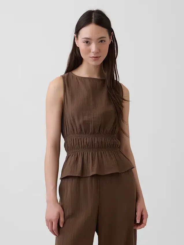 Peplum-Oberteil aus Baumwollgaze mit geraffter Taille