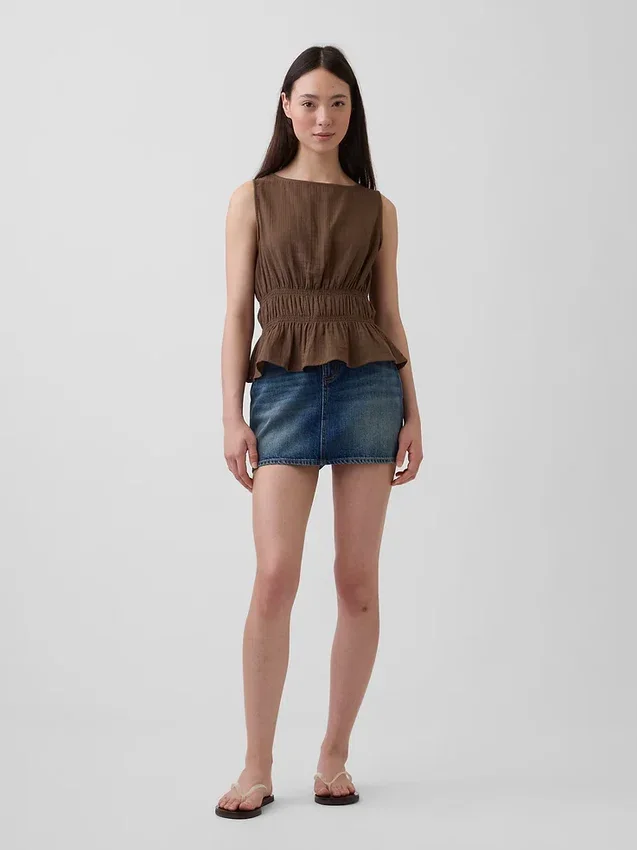 Peplum-Oberteil aus Baumwollgaze mit geraffter Taille