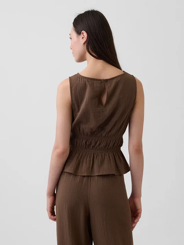 Peplum-Oberteil aus Baumwollgaze mit geraffter Taille