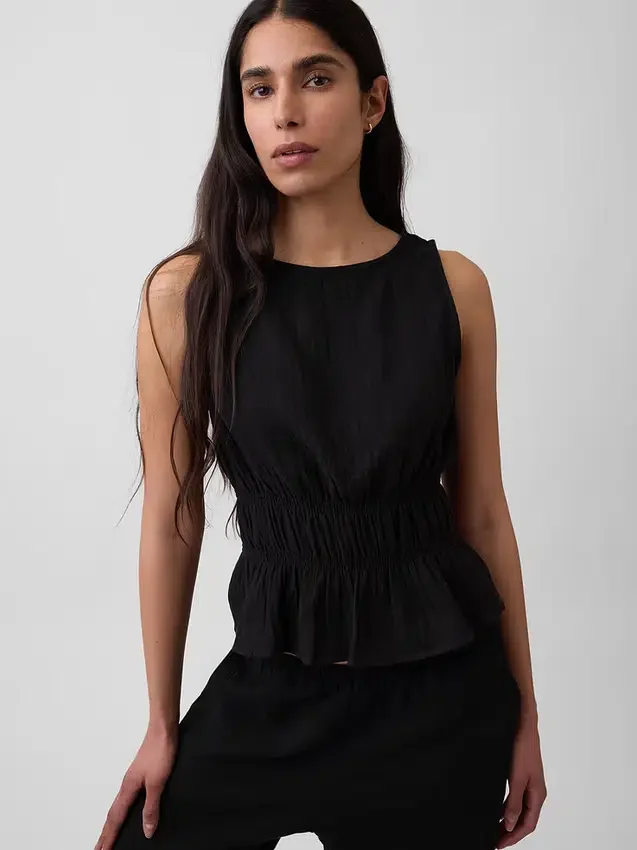 Peplum-Oberteil aus Baumwollgaze mit geraffter Taille
