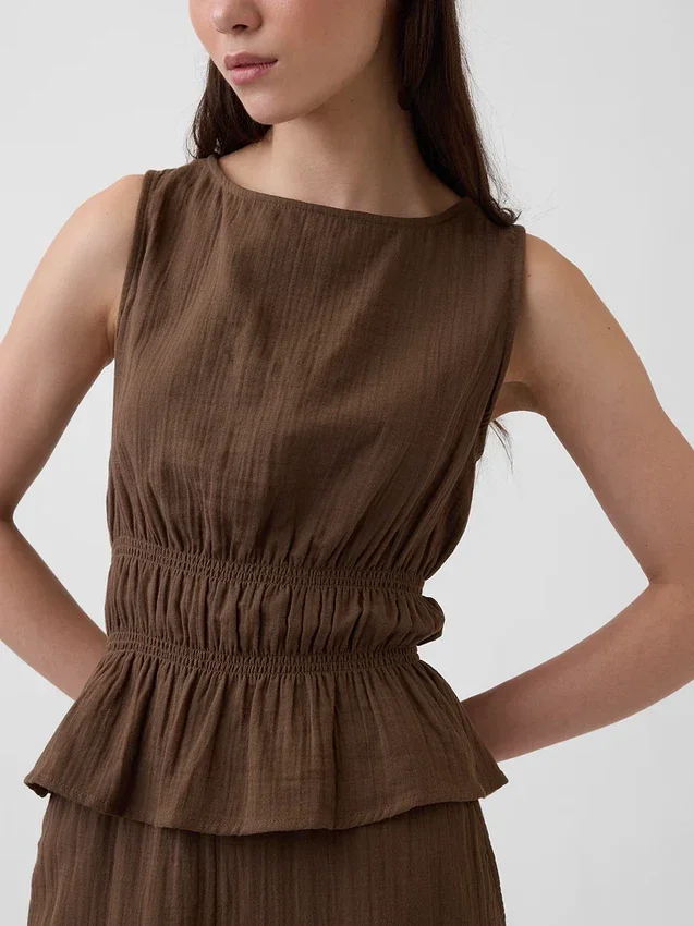 Peplum-Oberteil aus Baumwollgaze mit geraffter Taille