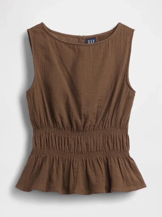 Peplum-Oberteil aus Baumwollgaze mit geraffter Taille