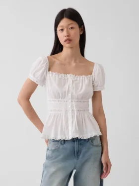 Peplum-Oberteil mit quadratischem Ausschnitt und Spitzenbesatz