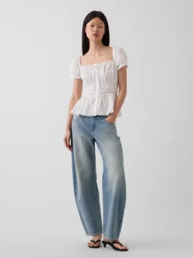 Peplum-Oberteil mit quadratischem Ausschnitt und Spitzenbesatz