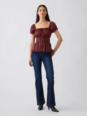 Peplum-Oberteil mit quadratischem Ausschnitt und Spitzenbesatz