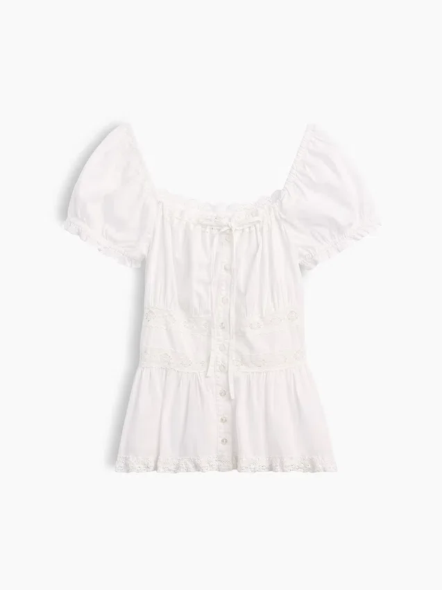Peplum-Oberteil mit quadratischem Ausschnitt und Spitzenbesatz