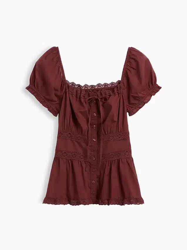 Peplum-Oberteil mit quadratischem Ausschnitt und Spitzenbesatz