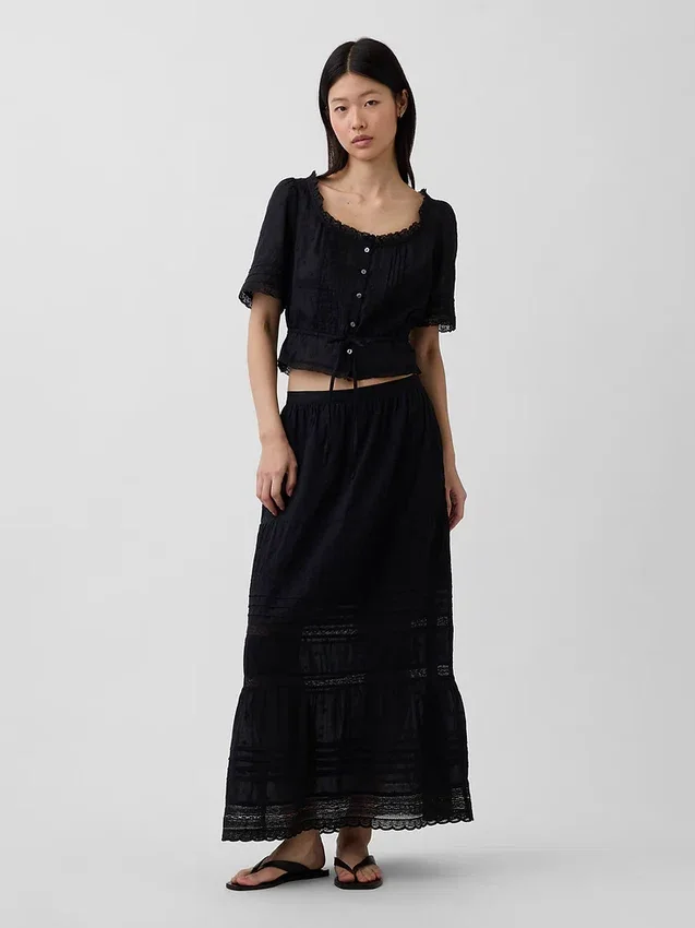 Peplum-Oberteil mit Spitzenbesatz