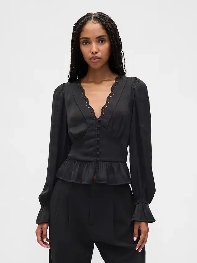 Peplum-Oberteil mit V-Ausschnitt und Lochstickerei