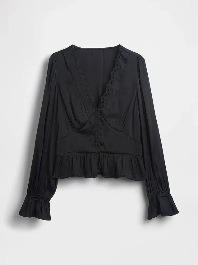 Peplum-Oberteil mit V-Ausschnitt und Lochstickerei