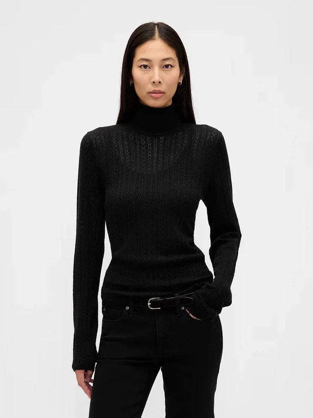 Pointelle-Rollkragen-Pullover