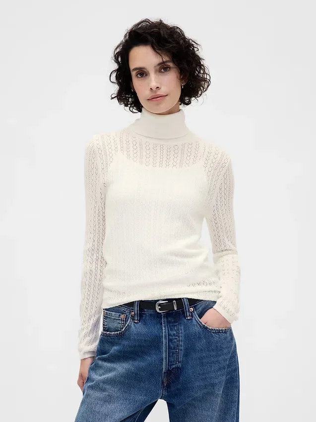 Pointelle-Rollkragen-Pullover