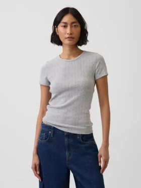 Pointelle-T-Shirt mit Rundhalsausschnitt