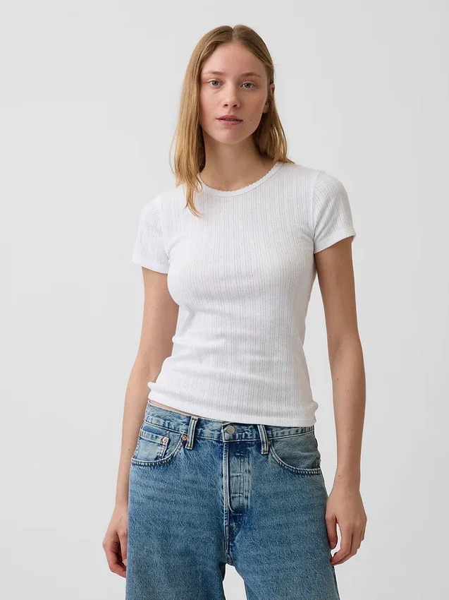 Pointelle-T-Shirt mit Rundhalsausschnitt