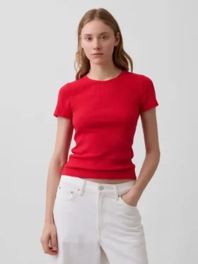 Pointelle-T-Shirt mit Rundhalsausschnitt