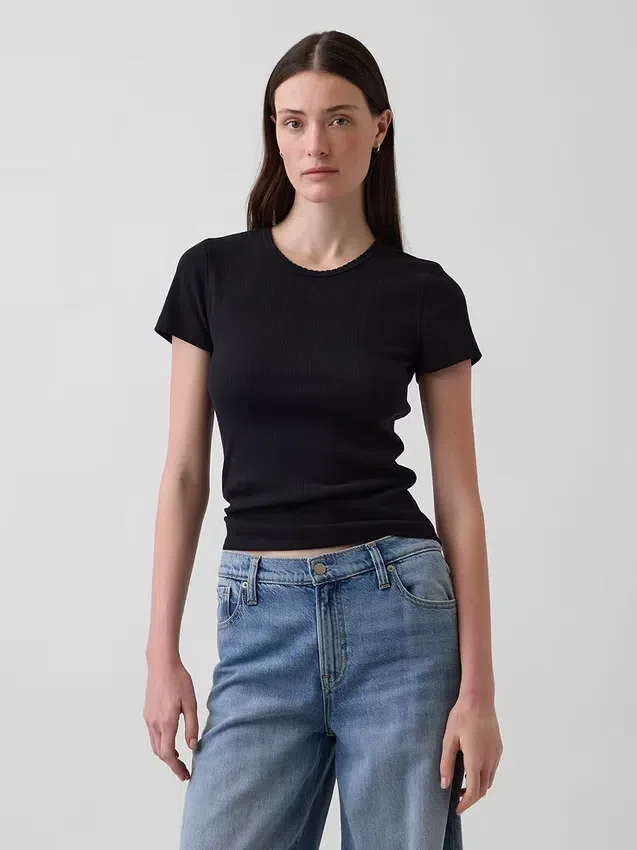 Pointelle-T-Shirt mit Rundhalsausschnitt