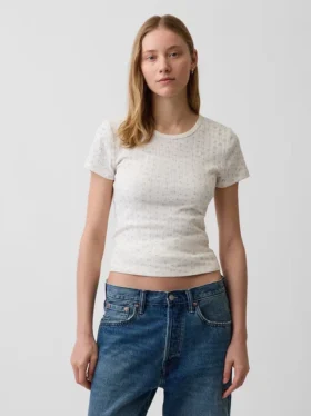 Pointelle-T-Shirt mit Rundhalsausschnitt