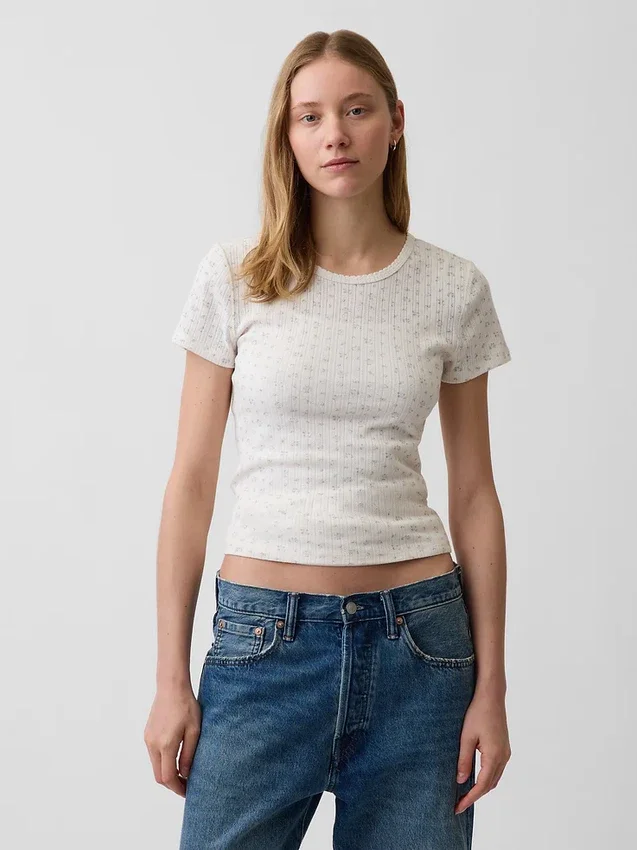 Pointelle-T-Shirt mit Rundhalsausschnitt