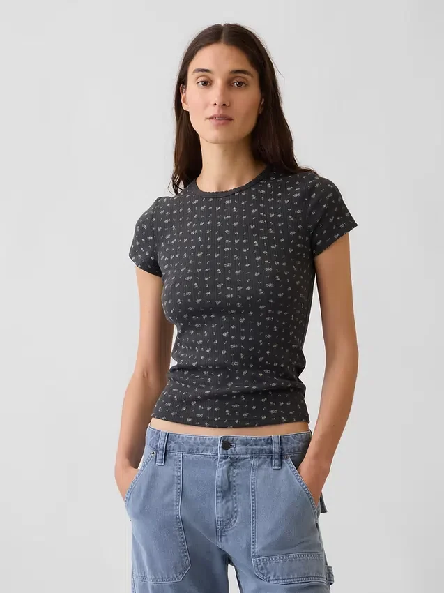 Pointelle-T-Shirt mit Rundhalsausschnitt