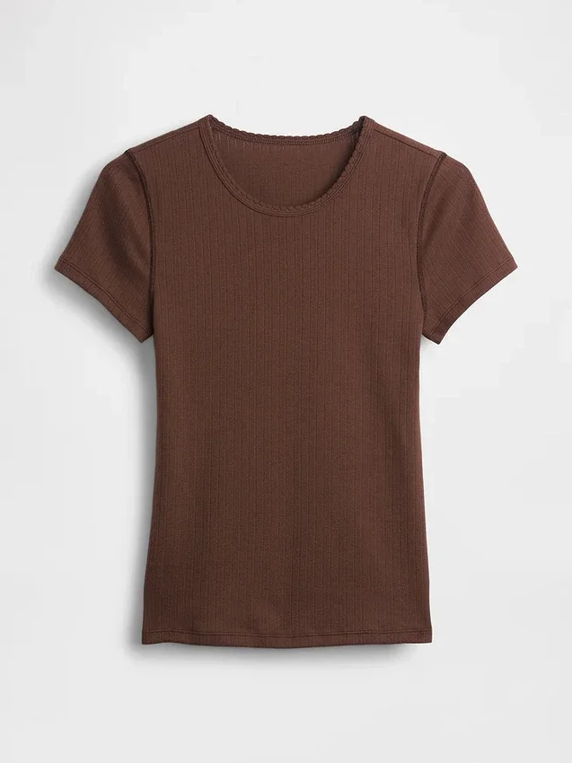Pointelle-T-Shirt mit Rundhalsausschnitt