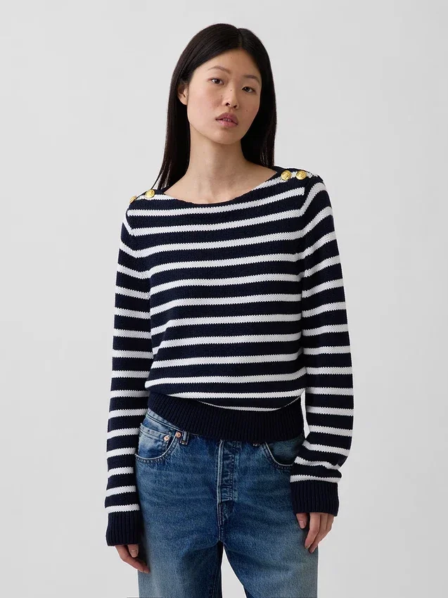 Pullover aus 100 % Baumwolle mit lockerem U-Boot-Ausschnitt