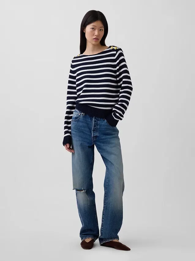 Pullover aus 100 % Baumwolle mit lockerem U-Boot-Ausschnitt