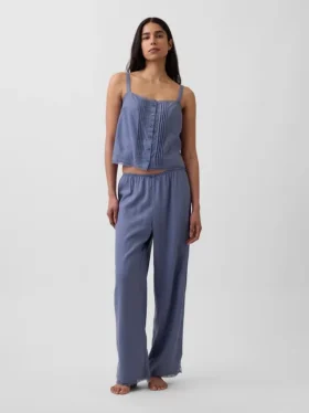 Pyjama-Hose aus Leinenmischung mit Spitzenbesatz