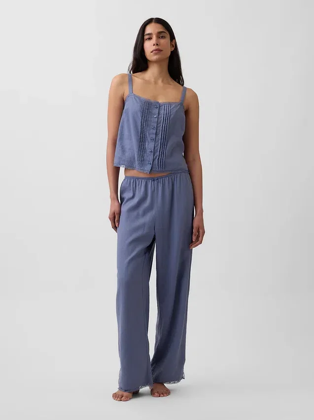Pyjama-Hose aus Leinenmischung mit Spitzenbesatz