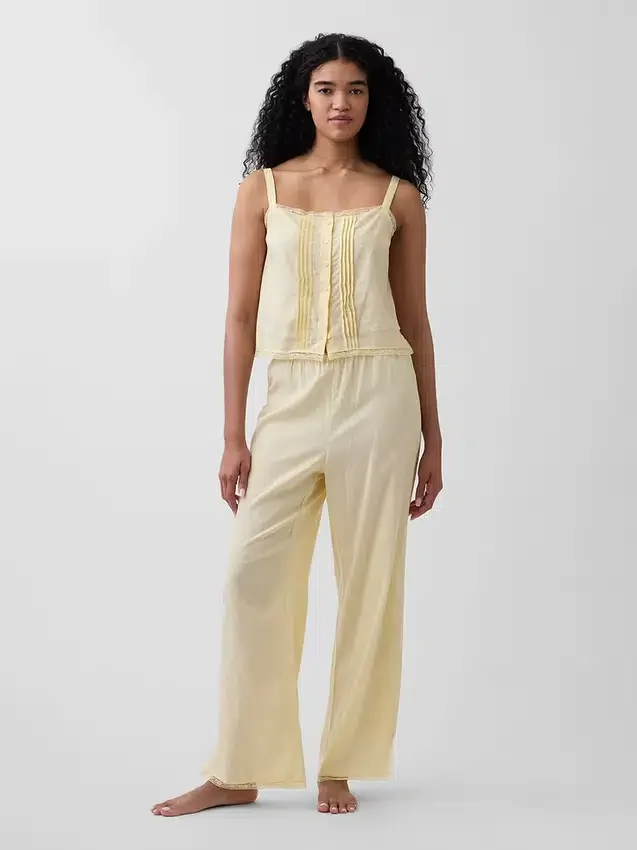Pyjama-Hose aus Leinenmischung mit Spitzenbesatz