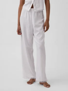 Pyjama-Hose aus Leinenmischung mit Spitzenbesatz