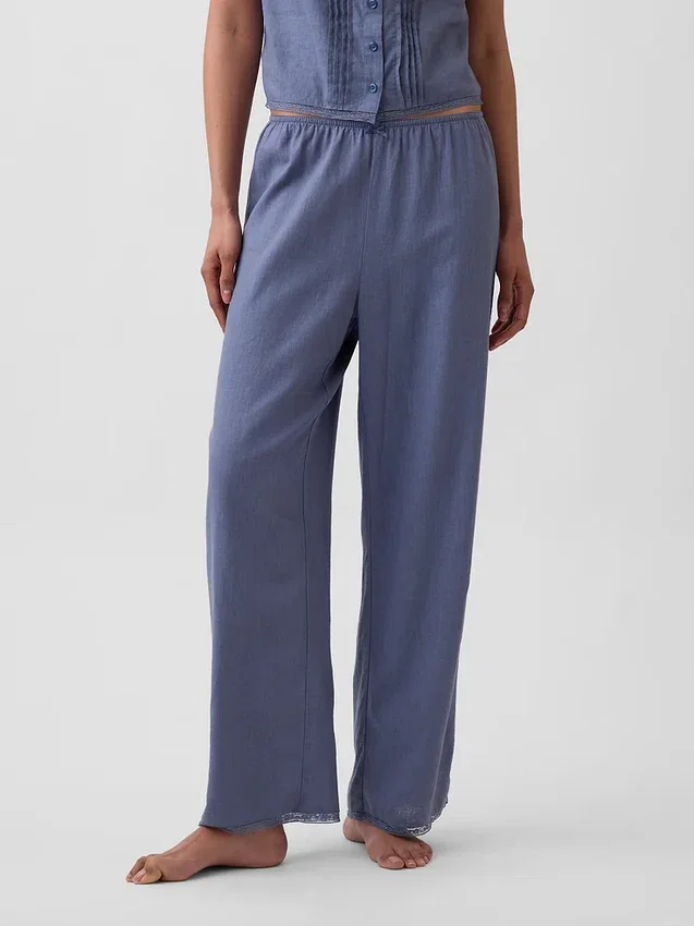 Pyjama-Hose aus Leinenmischung mit Spitzenbesatz