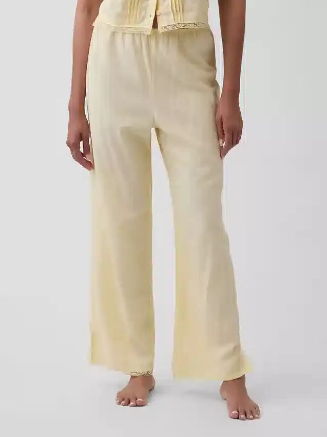 Pyjama-Hose aus Leinenmischung mit Spitzenbesatz