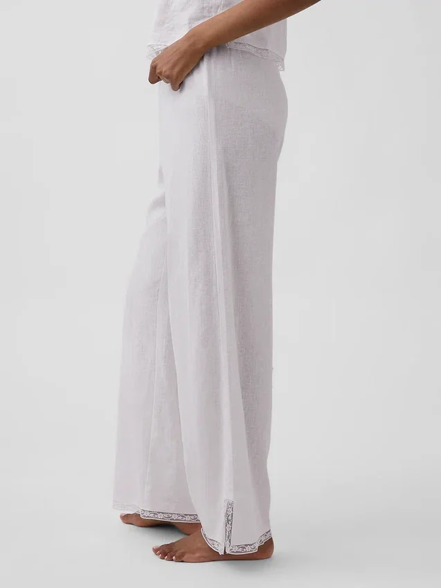 Pyjama-Hose aus Leinenmischung mit Spitzenbesatz