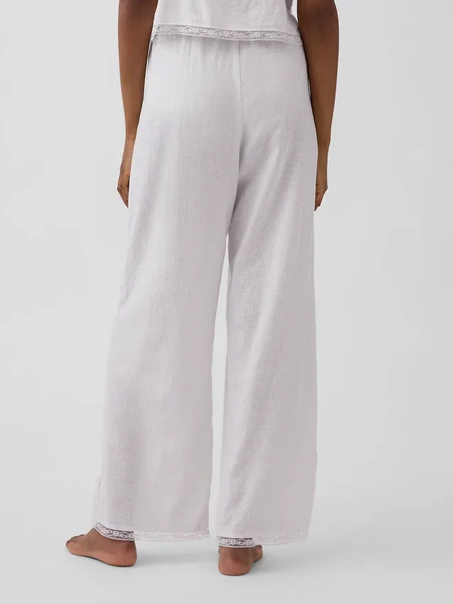 Pyjama-Hose aus Leinenmischung mit Spitzenbesatz