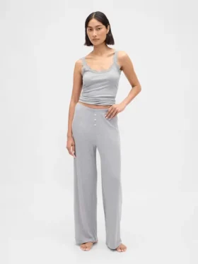 Pyjama-Hose mit weitem Bein und Mini-Rippmuster