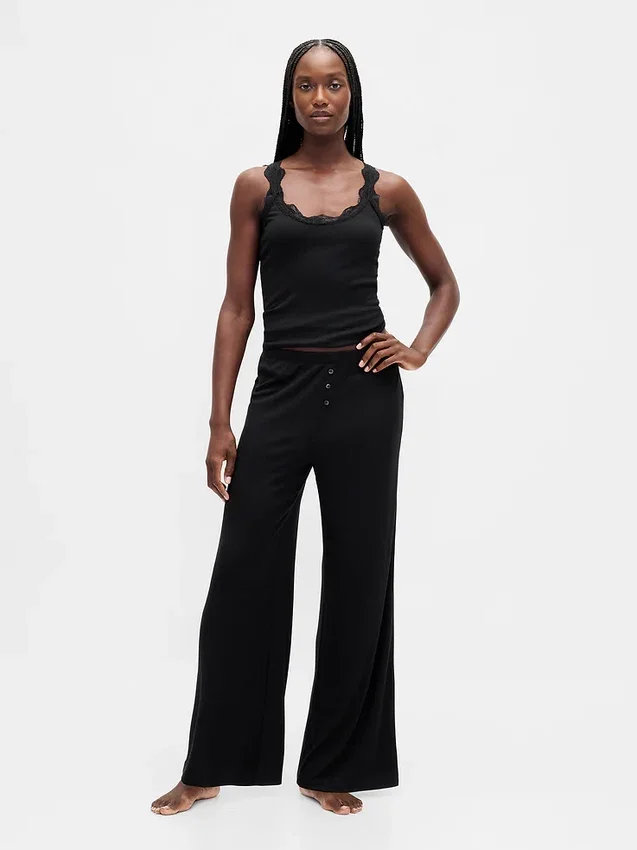 Pyjama-Hose mit weitem Bein und Mini-Rippmuster