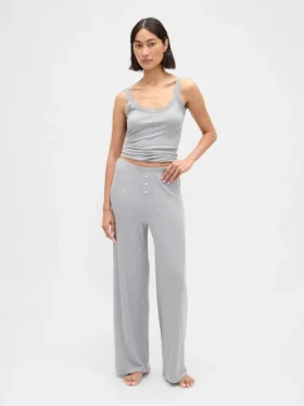 Pyjama-Hose mit weitem Bein und Mini-Rippmuster