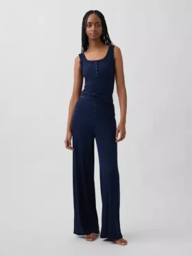 Pyjama-Hose mit weitem Bein und Mini-Rippmuster