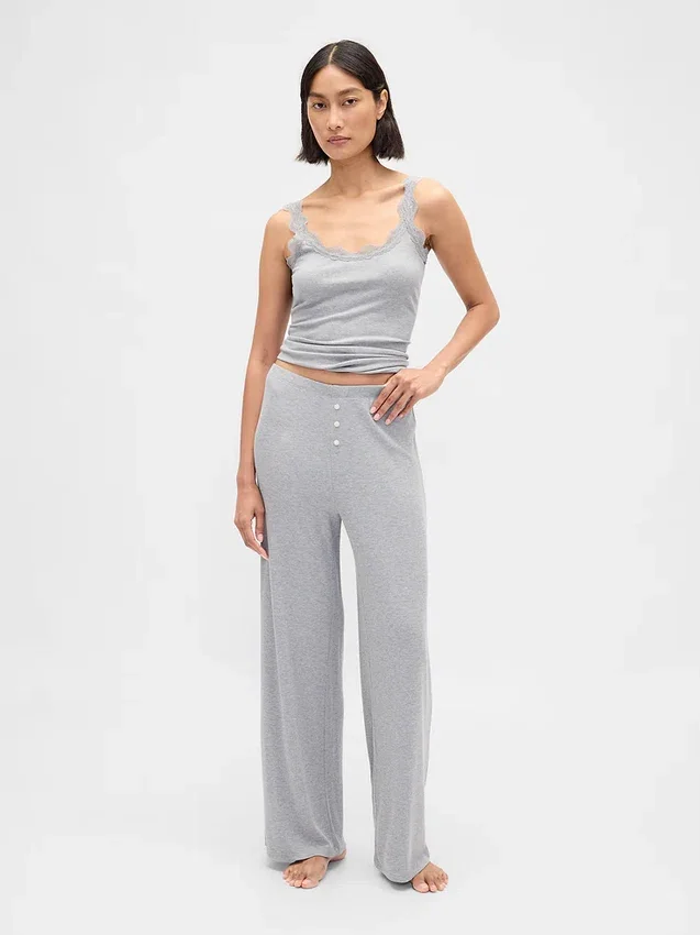 Pyjama-Hose mit weitem Bein und Mini-Rippmuster