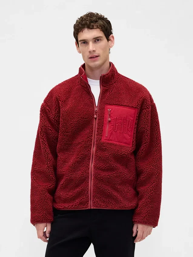 Recycelte Sherpa-Jacke mit übergroßem Logo und Reißverschluss
