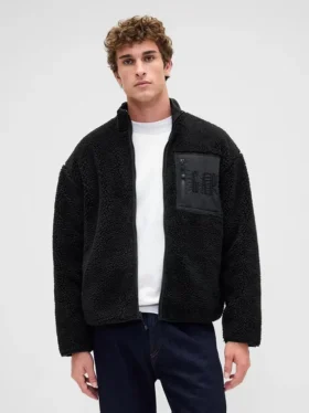 Recycelte Sherpa-Jacke mit übergroßem Logo und Reißverschluss